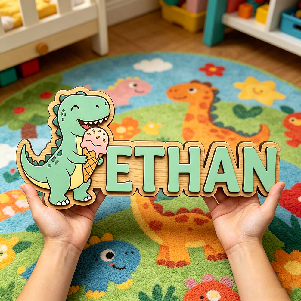 Baby Nursery Name - Whimsical Ice Cream Dinosaur Custom Name