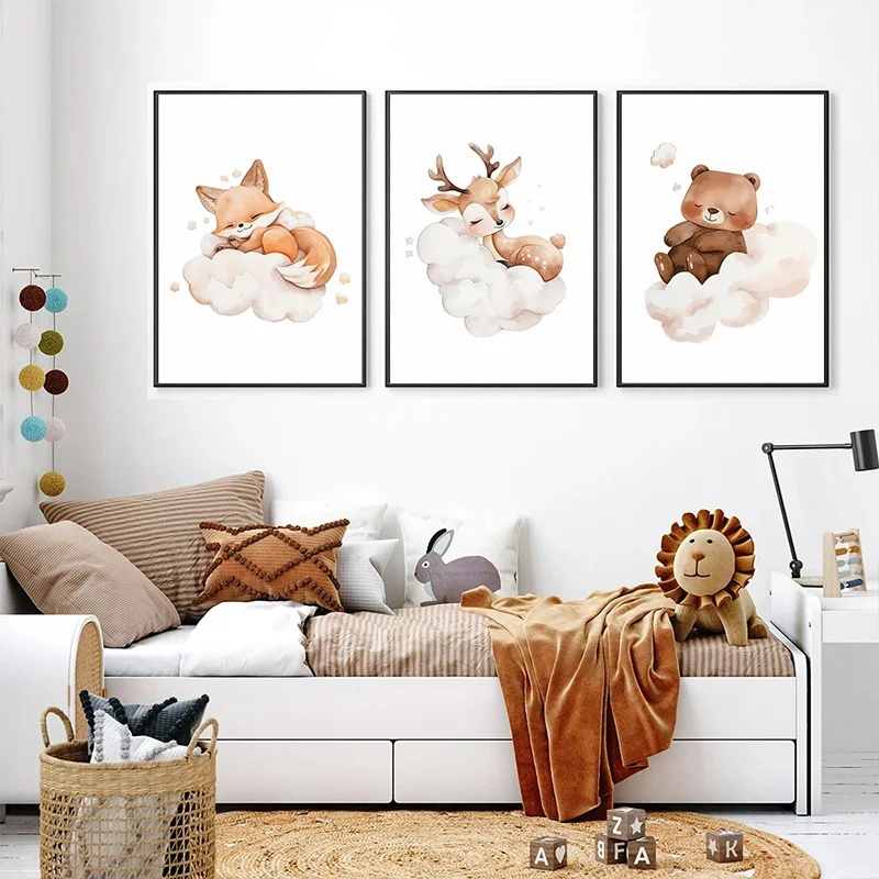 Baby Nursery Frames - Wall Art Cute Raccoon Fox Deer