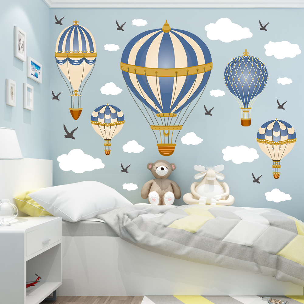 Baby Nursery Murals - Cartoon Hot Air Balloon Clouds Seagull