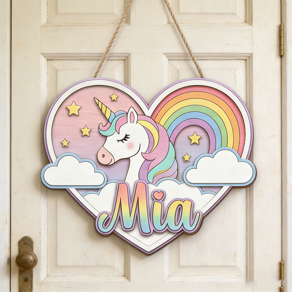 Baby Nursery Themes Girl - Custom Heart Shaped Rainbow Unicorn Name