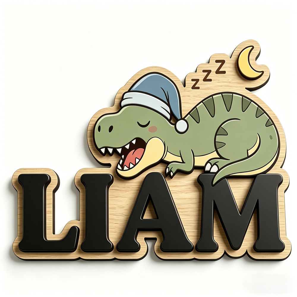 Baby Nursery Name - Personalized Sleepy Dinosaur Name Sign, Wooden