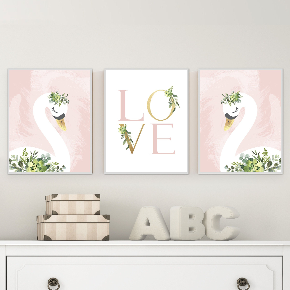 Baby Nursery Themes Girl - 3pcs Light Pink Swan Text-Themed Posters