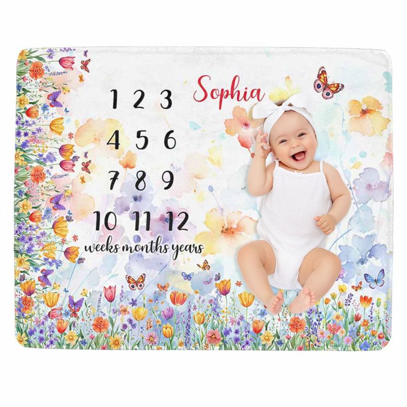 Baby Nursery Decor Girl - VIKAMA Wildflower Butterfly Baby Milestone Blanket,