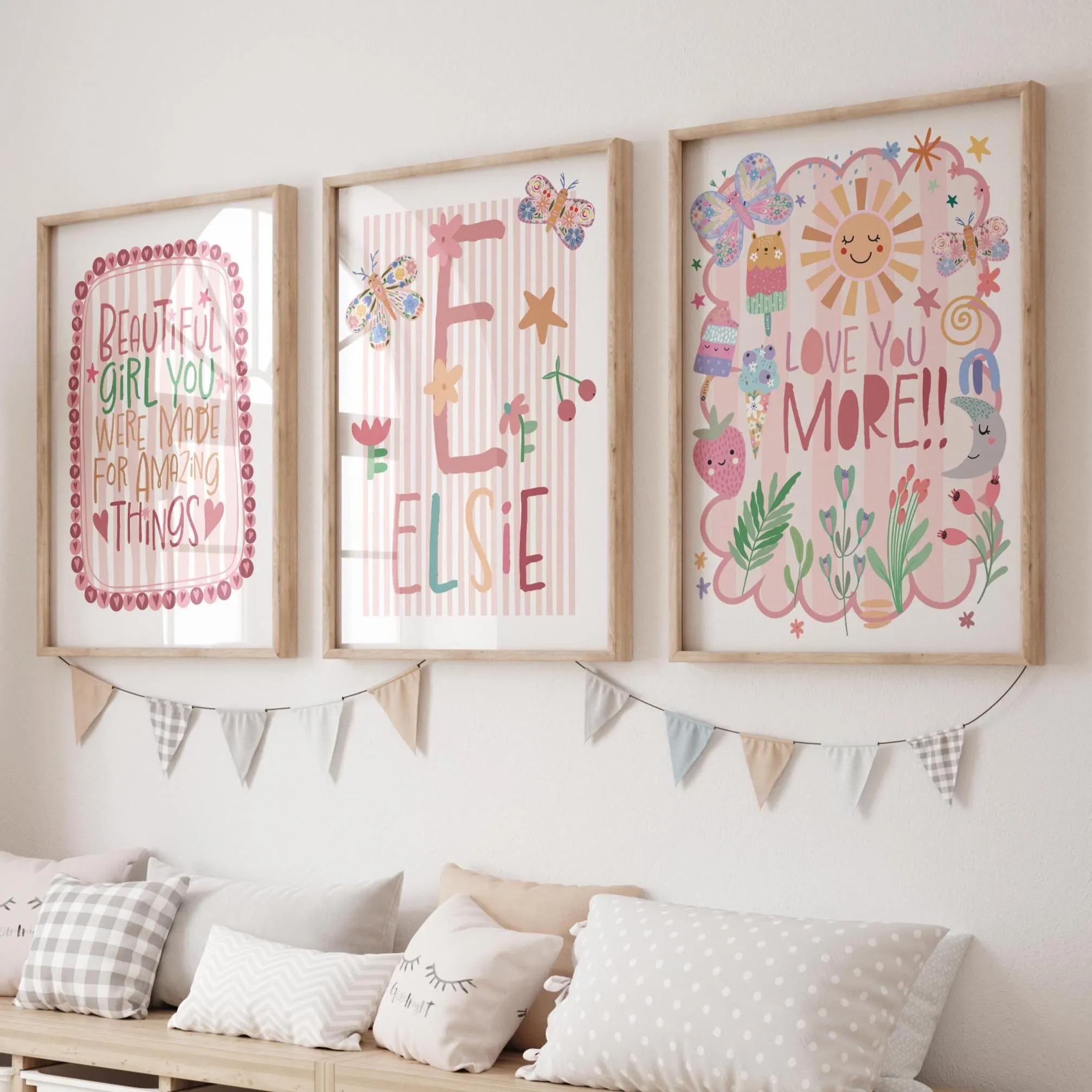 Baby Nursery Decor Girl - 3pcs/set Bohemian Pink Flower Custom Name
