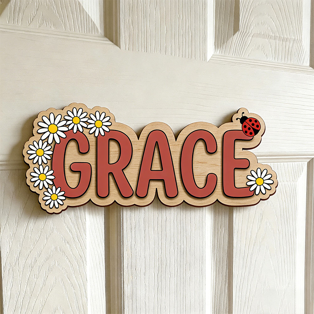 Baby Nursery Themes Girl - Personalized Cute Daisy Ladybug Name Wooden